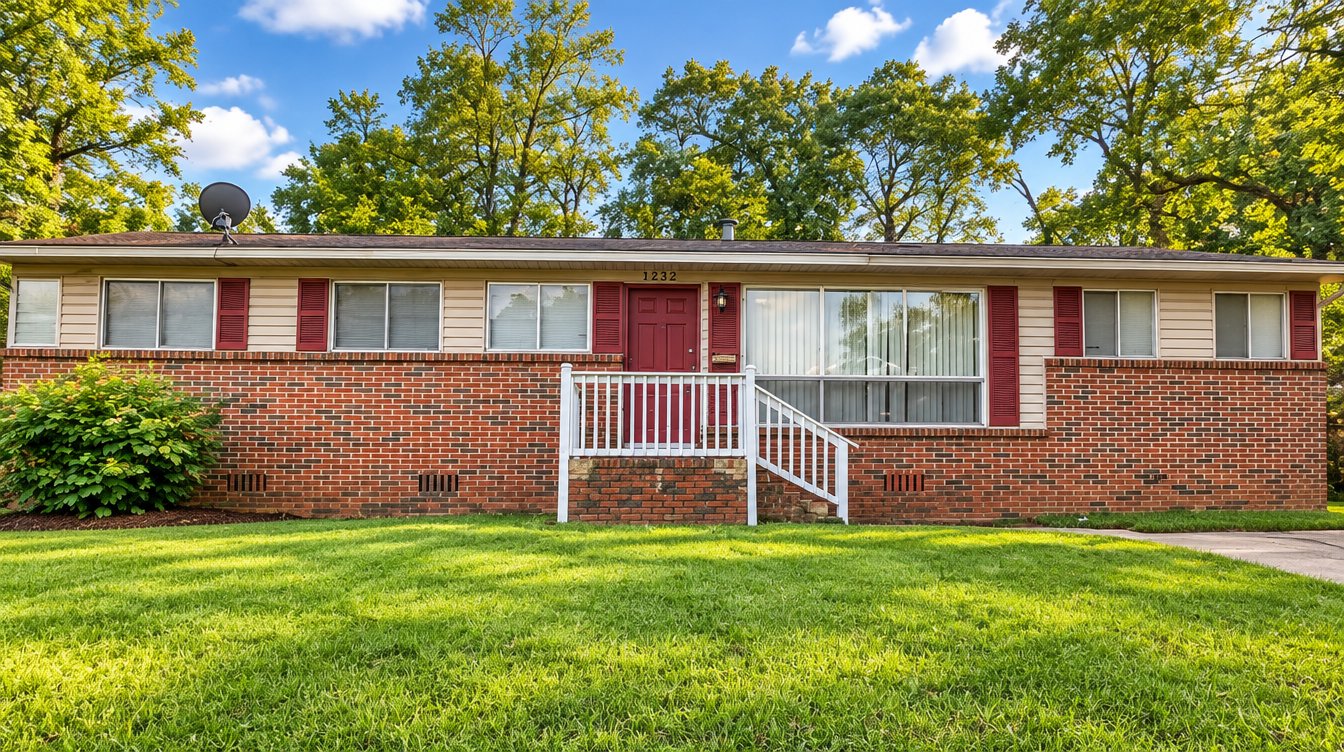 Front of 1232 Frisco St, a brick ranch home with red shutters and a white porch rail